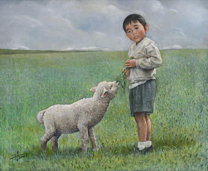 Malarstwo zatytułowany „Boy and his sheep” autorstwa Jinzuo, Oryginalna praca, Olej