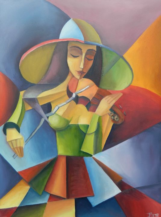 Painting titled "VIOLININ, cubist" by Jiří Petr, Original Artwork, Oil