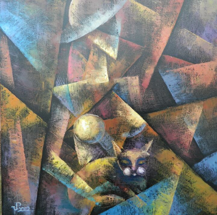 Painting titled "LADY WITH CAT" by Jiří Petr, Original Artwork, Oil