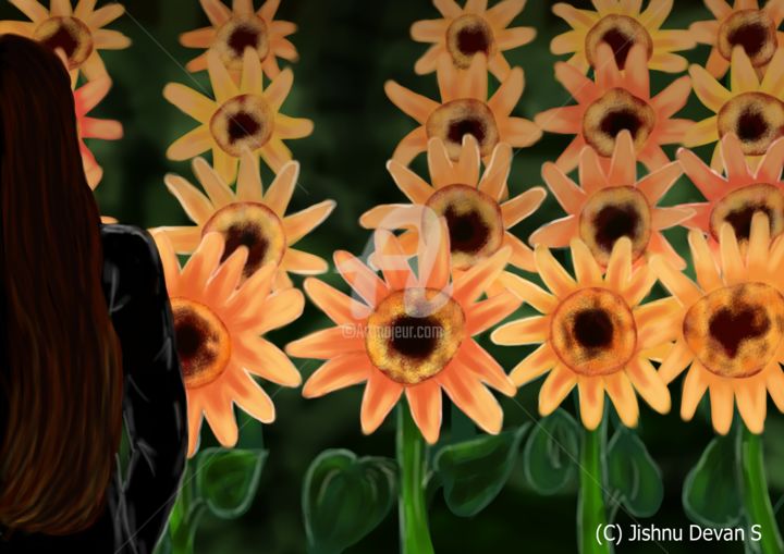 Digital Arts titled "Sunflower field" by Jishnu Devan S Nampoothiri, Original Artwork, Digital Painting