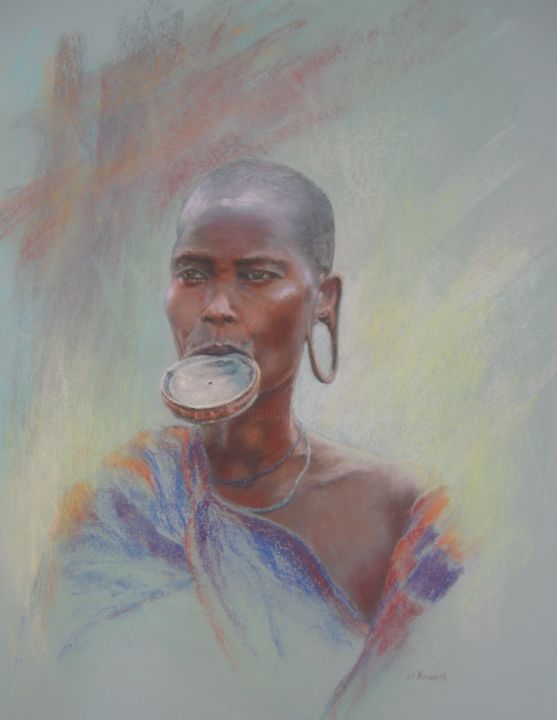 Peinture intitulée "Femme à plateau Mur…" par Josette Francois, Œuvre d'art originale, Pastel