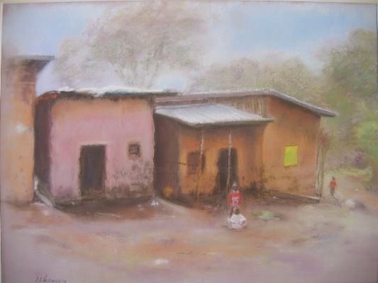 Peinture intitulée "village d'Ethiopie" par Josette Francois, Œuvre d'art originale, Huile