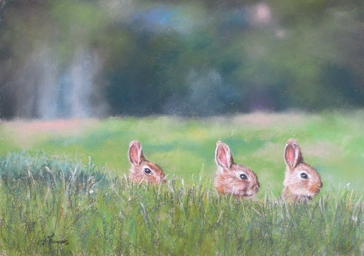Painting titled "trois petits lapins" by Josette Francois, Original Artwork, Pastel