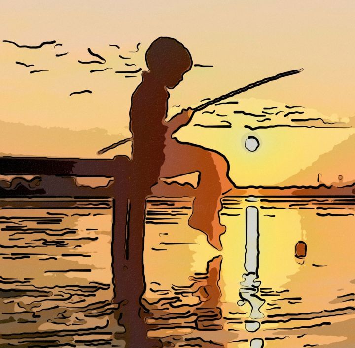 Arte digitale intitolato "My Grandson Fishing" da Jack Cash Jr, Opera d'arte originale