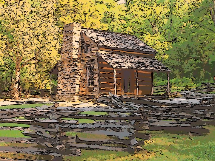 Arte digitale intitolato "Hill Country Cabin" da Jack Cash Jr, Opera d'arte originale