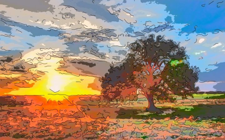 Digital Arts titled "Lone Oak At Sunrise" by Jack Cash Jr, Original Artwork, Digital Painting