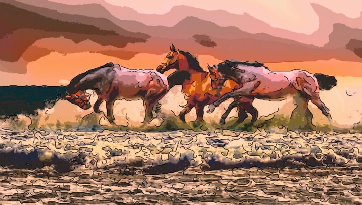 「Horses In The Surf」というタイトルのデジタルアーツ Jack Cash Jrによって, オリジナルのアートワーク, デジタル絵画