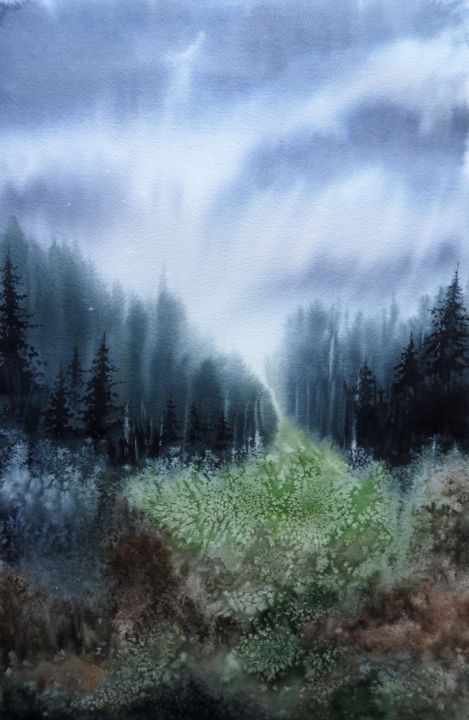Painting titled "Taiga is sleeping" by Julia Kochetova, Original Art, Watercolor