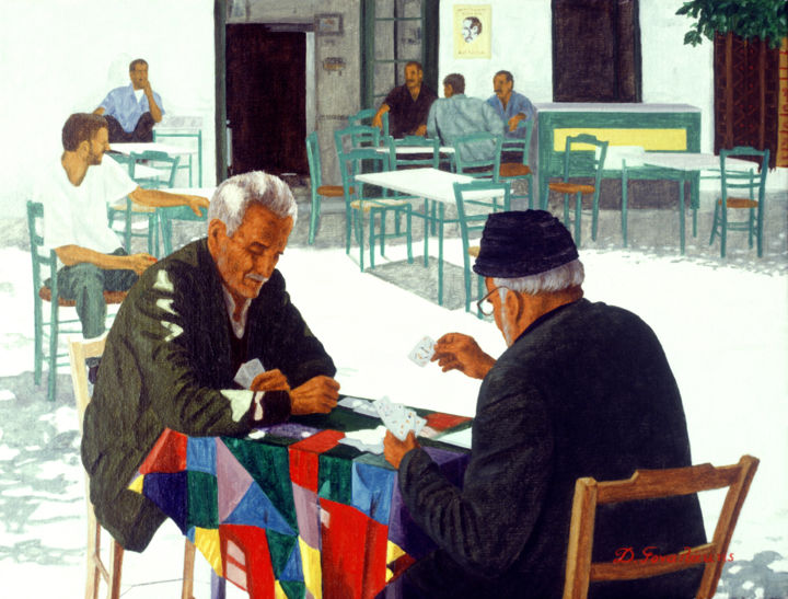 Painting titled "AFTERNOON IN CAFE" by Dimitrios Gonalakis, Original Artwork, Oil