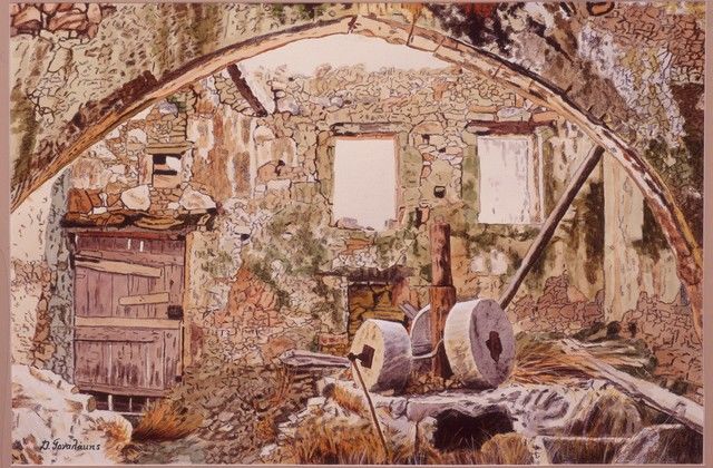 Painting titled "STONE MILL" by Dimitrios Gonalakis, Original Artwork, Watercolor