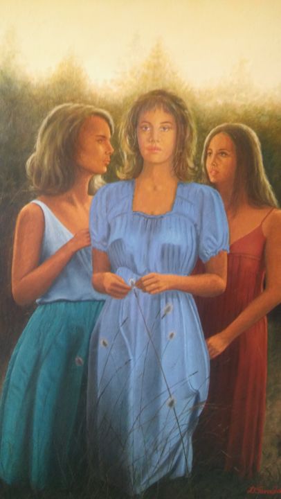 Painting titled "THE THREE GIRLS" by Dimitrios Gonalakis, Original Artwork, Oil