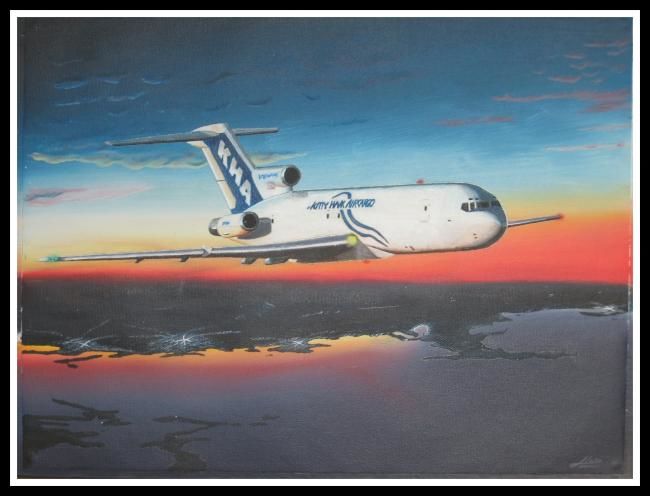 Painting titled "Kitty Hawk B727 Ove…" by Jerome Leluc, Original Artwork