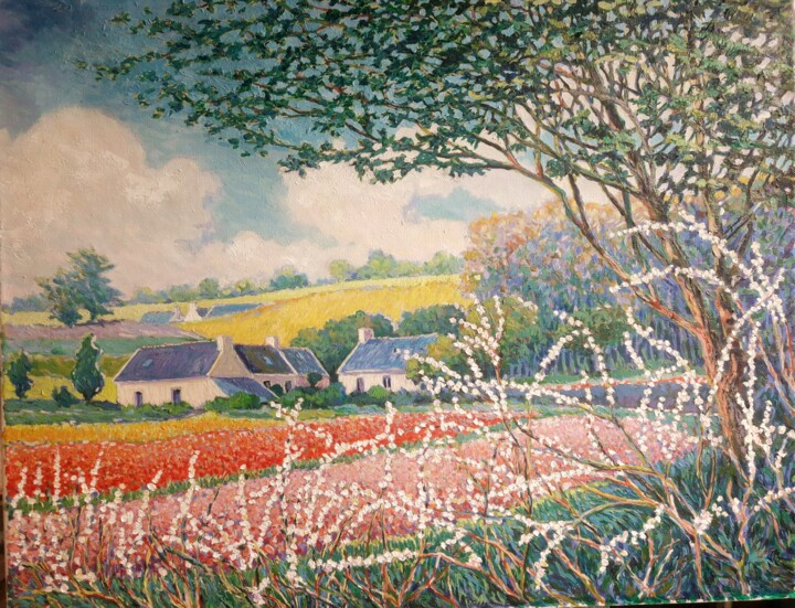Painting titled "Champs de tulipes à…" by Jm Guenard, Original Artwork, Oil