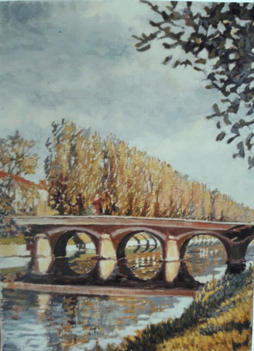 Painting titled "Pont sur l'Ornain à…" by Jm Guenard, Original Artwork, Oil