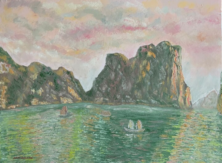 Painting titled "Baie d’Halong - Fin…" by Jm Mariani, Original Artwork, Oil Mounted on Wood Stretcher frame