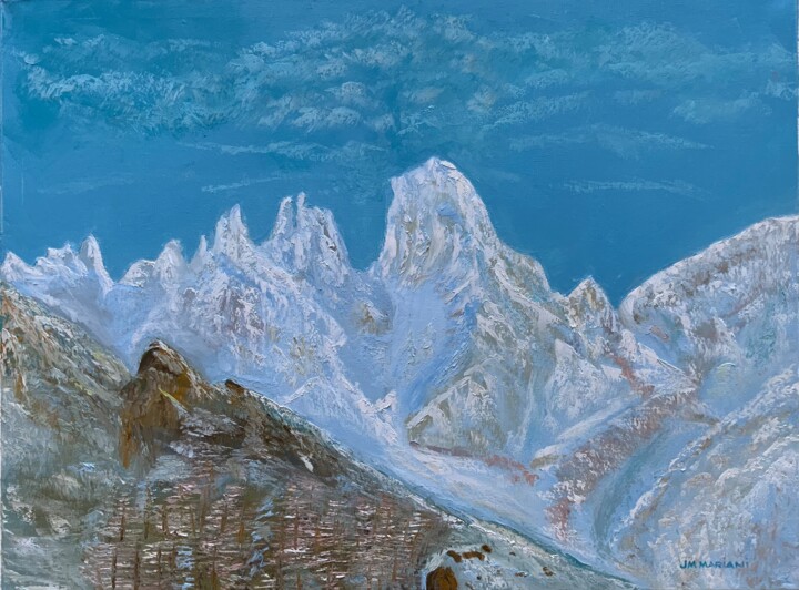 Peinture intitulée "Cîmes enneigées sur…" par Jm Mariani, Œuvre d'art originale, Huile Monté sur Châssis en bois