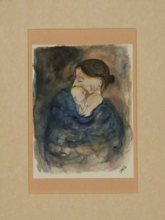 Malerei mit dem Titel "La mère et l'enfant" von Jean-Marc Zabouri, Original-Kunstwerk, Aquarell
