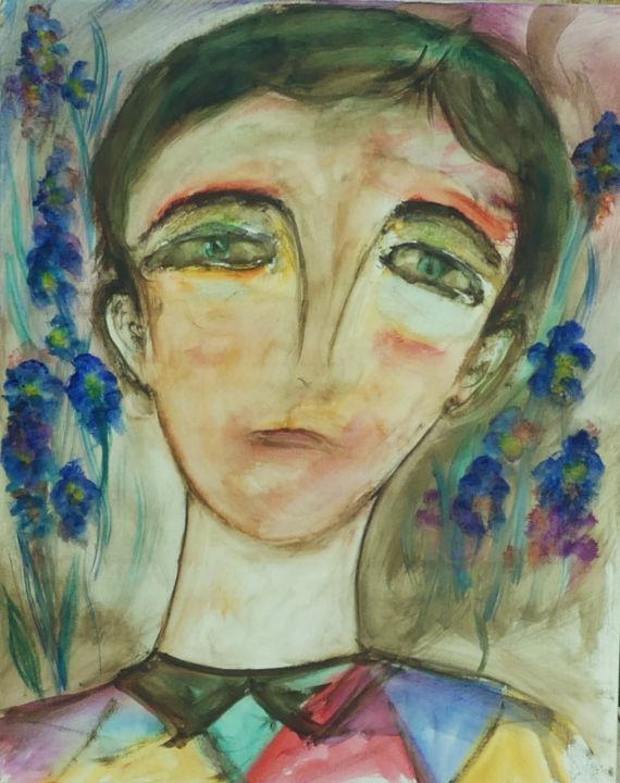 Peinture intitulée "Jeune homme aux iris" par Jean-Marc Zabouri, Œuvre d'art originale