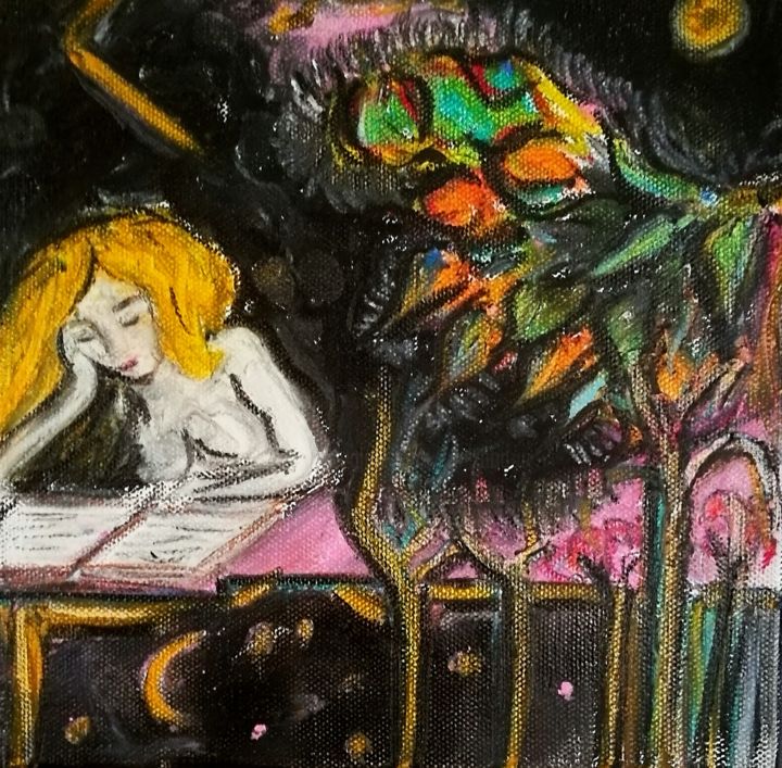Peinture intitulée "La liseuse de Paon" par Jean-Marc Zabouri, Œuvre d'art originale