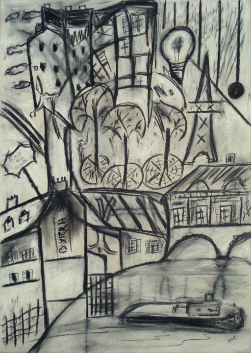 Painting titled "Place des Roses, Pa…" by Jean-Marc Zabouri, Original Artwork, Charcoal