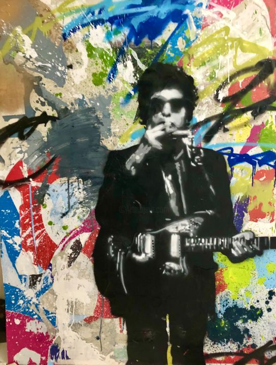 Malerei mit dem Titel "Bob Dylan" von Jean-Michel Lourenço, Original-Kunstwerk, Sprühfarbe