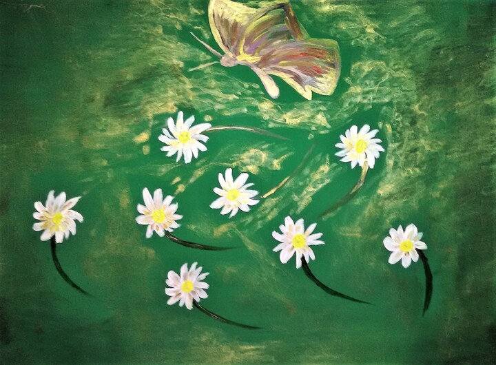 Painting titled "BUTTERFLY & DAISIES" by Jmsbell, Original Artwork, Acrylic