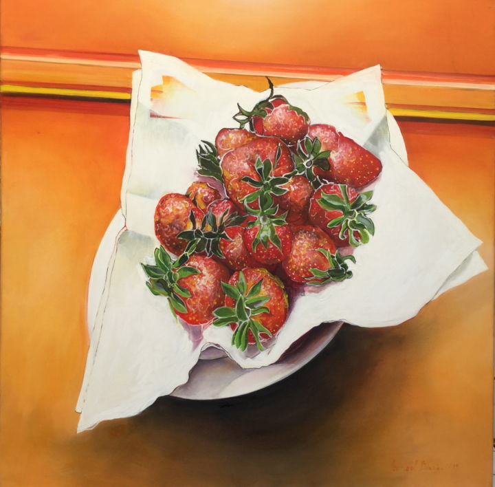 Картина под названием "fraises" - Brasier Jeanoel, Подлинное произведение искусства, Масло
