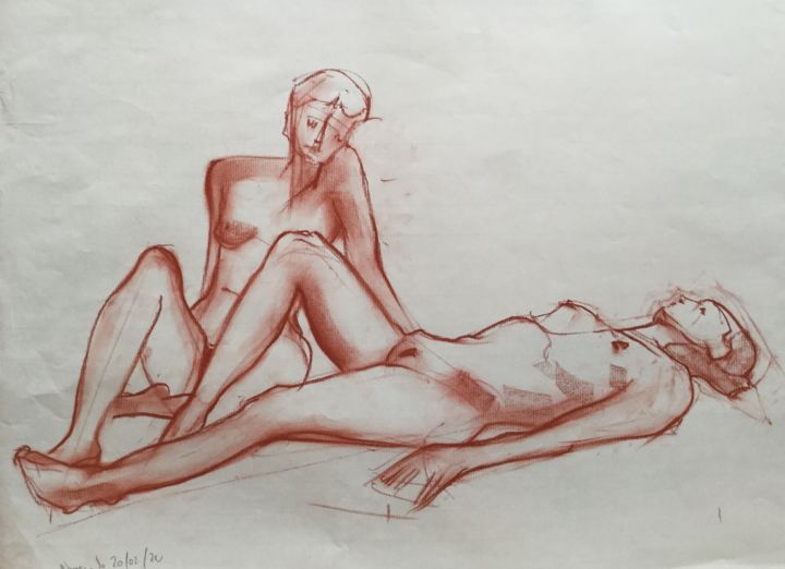 Rysunek zatytułowany „étude de nue à la s…” autorstwa Brasier Jeanoel, Oryginalna praca, Conté