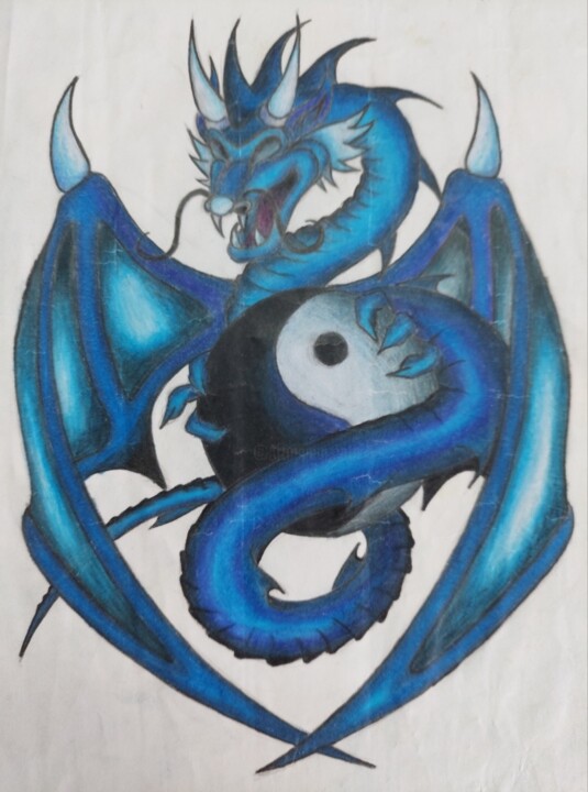 Рисунок под названием "Dragon bleu" - Jo Milot, Подлинное произведение искусства, Карандаш