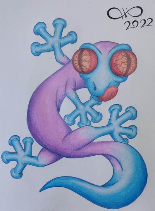 Рисунок под названием "Electric Gecko" - Jo Milot, Подлинное произведение искусства, Карандаш