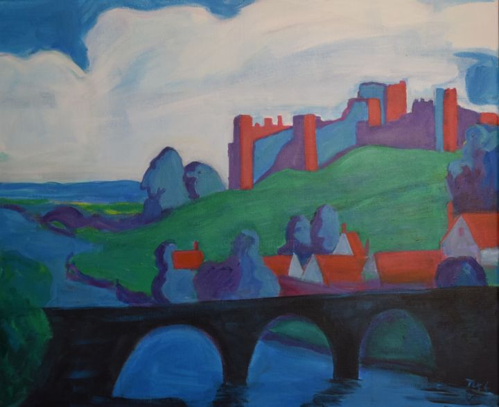 Schilderij getiteld "England,  Castle on…" door Jo Tuck, Origineel Kunstwerk, Olie Gemonteerd op Frame voor houten brancard