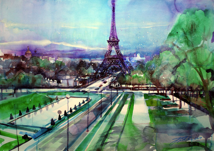 Malerei mit dem Titel "Paris, Trocadéro wi…" von Jopick, Original-Kunstwerk, Aquarell