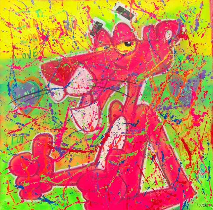 Pink Panther Fluo Yellow Pop Art, Painting by Joan Llaverias