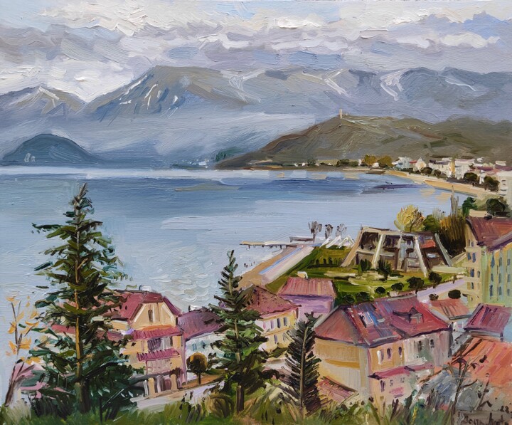 Painting titled "Pogradec from the h…" by Joan Mato, Original Artwork, Oil