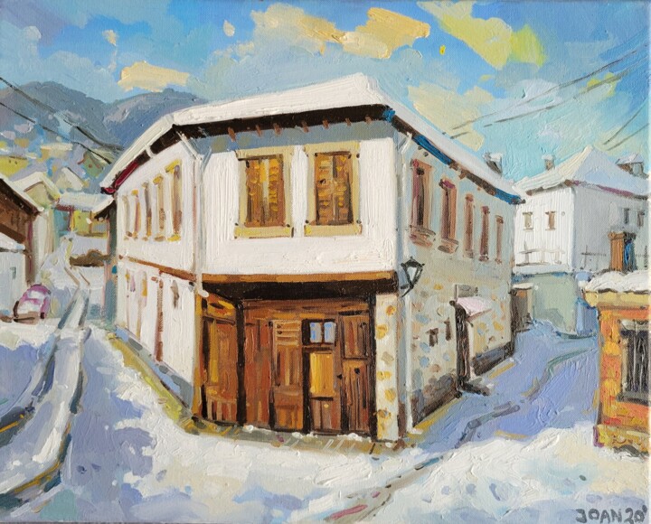 Painting titled "Winter in the old t…" by Joan Mato, Original Artwork, Oil