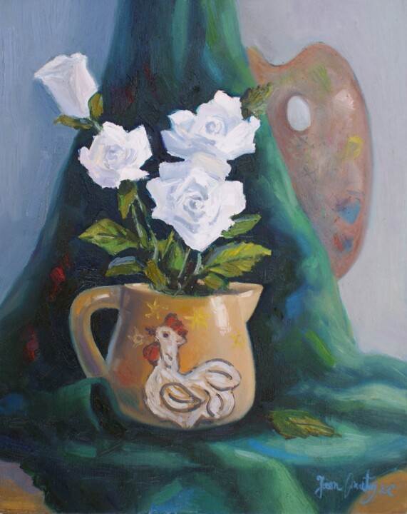 Painting titled "White roses" by Joan Mato, Original Artwork, Oil