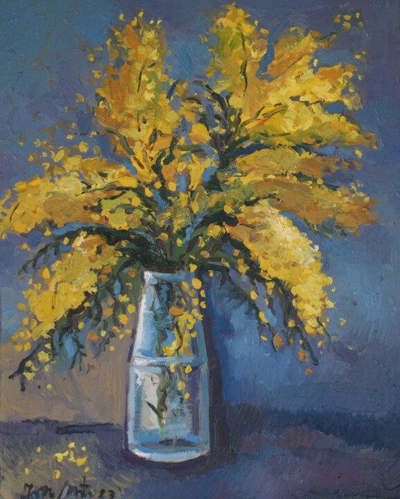 Картина под названием "Mimosa flowers" - Joan Mato, Подлинное произведение искусства, Масло