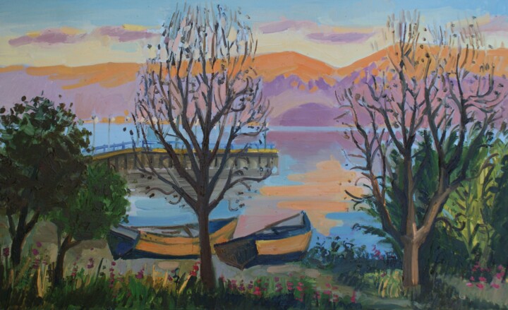 Painting titled "Sunset near lake" by Joan Mato, Original Artwork, Oil