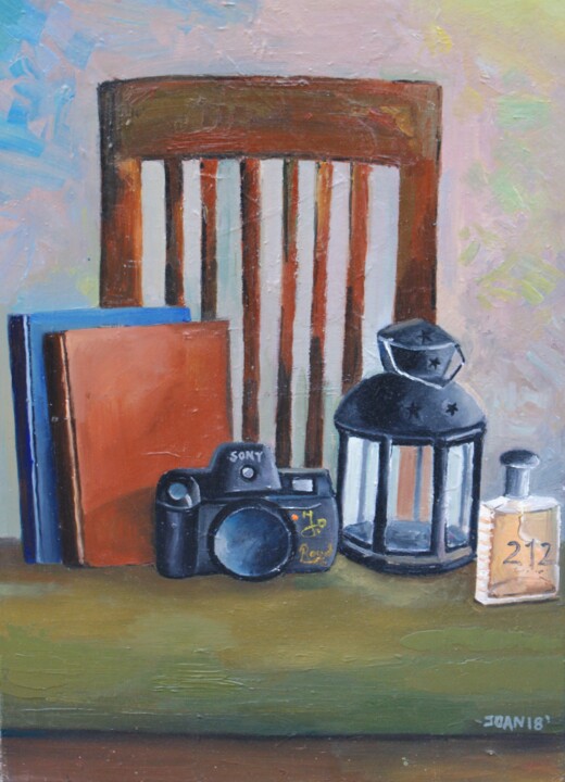 Painting titled "Still life with boo…" by Joan Mato, Original Artwork, Oil