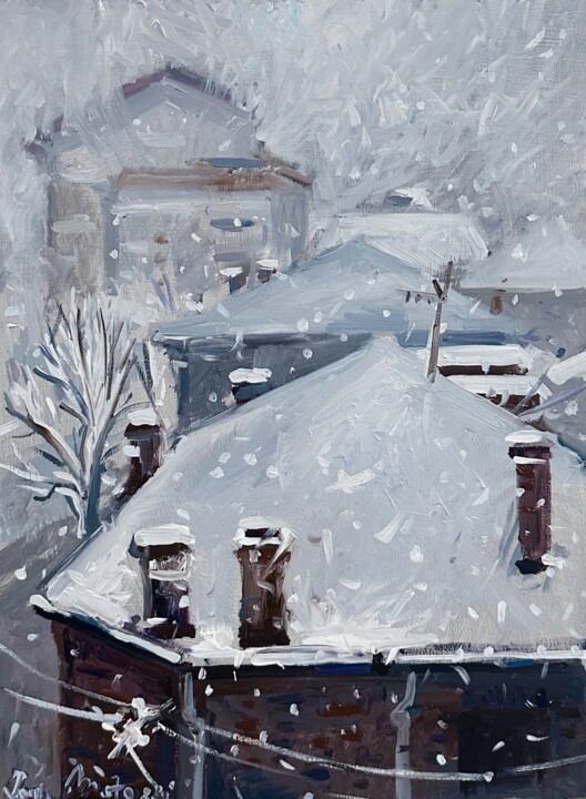 Painting titled "Snow day" by Joan Mato, Original Artwork, Oil