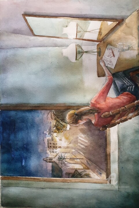 Malerei mit dem Titel "A traves de la vent…" von Joana Bisquert Mari, Original-Kunstwerk, Aquarell