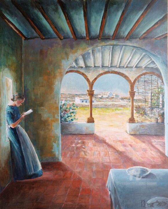 Pittura intitolato "Mujer leyendo" da Joana Bisquert Mari, Opera d'arte originale, Acrilico Montato su Altro pannello rigido