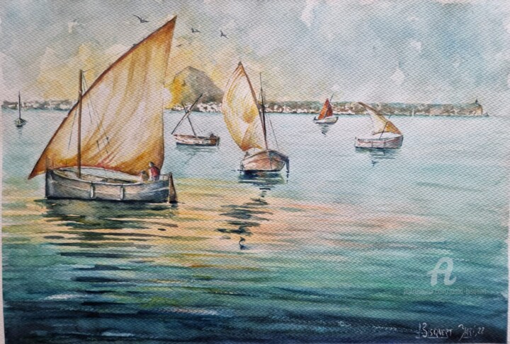 Painting titled "Barcas tradicionales" by Joana Bisquert Mari, Original Artwork, Watercolor Mounted on Other rigid panel