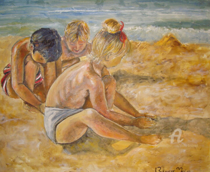 Schilderij getiteld "Niños en la playa" door Joana Bisquert Mari, Origineel Kunstwerk, Olie