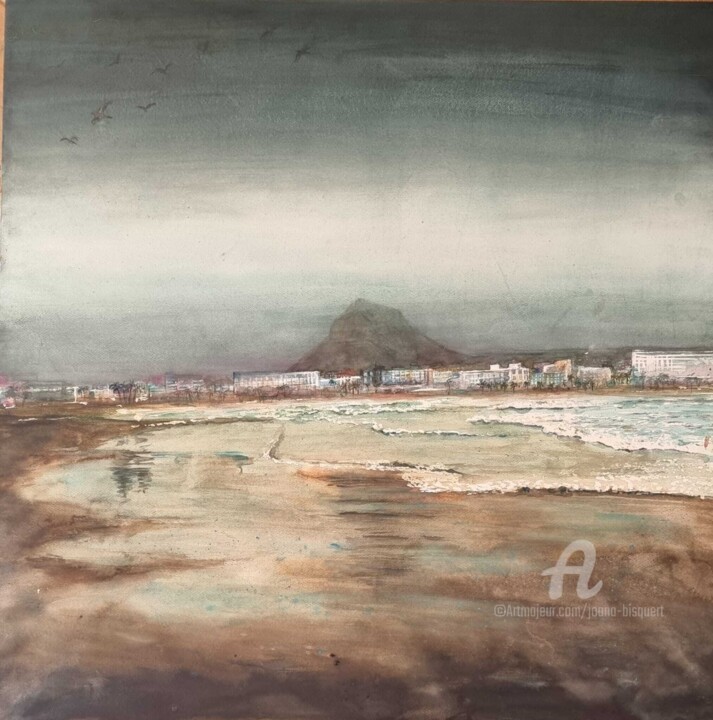 Pintura titulada "Playa el arenal" por Joana Bisquert Mari, Obra de arte original, Acuarela Montado en Otro panel rígido