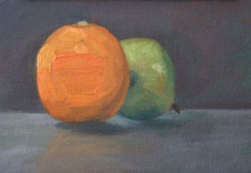 Painting titled "Orange and Pear" by Joan Cole, Original Artwork, Oil