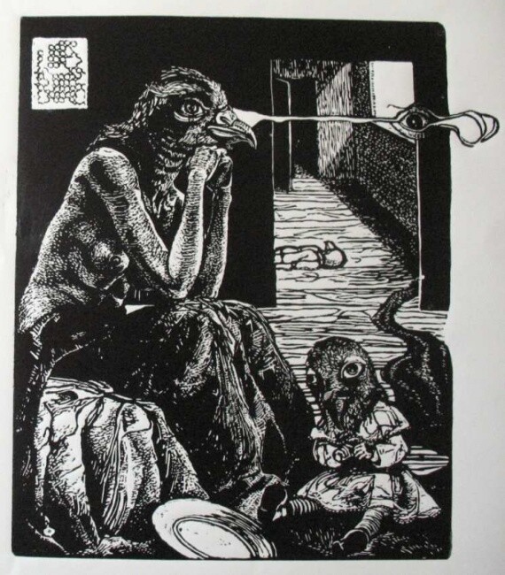 Disegno intitolato "Lonely mother vomit…" da Joanna Budzyńska, Opera d'arte originale, Altro