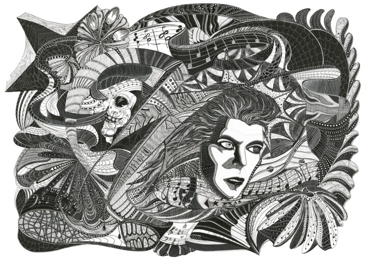 Zeichnungen mit dem Titel "Bowie" von Joanna Levesley, Original-Kunstwerk, Tinte Auf artwork_cat. montiert