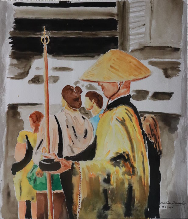 Pittura intitolato "Um Monge Budista no…" da João Bernardo, Opera d'arte originale, Acquarello