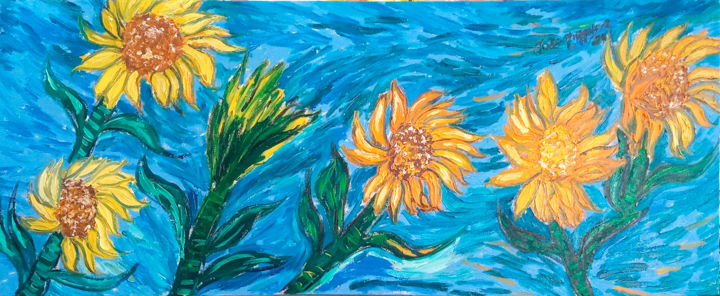 Pintura intitulada "Sunflowers with blu…" por João Miranda, Obras de arte originais, Óleo
